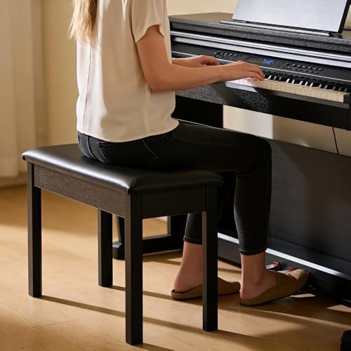 Solid Wood Duet Piano Bench with Storage, Piano Stool with Padded Cushion, Ke...