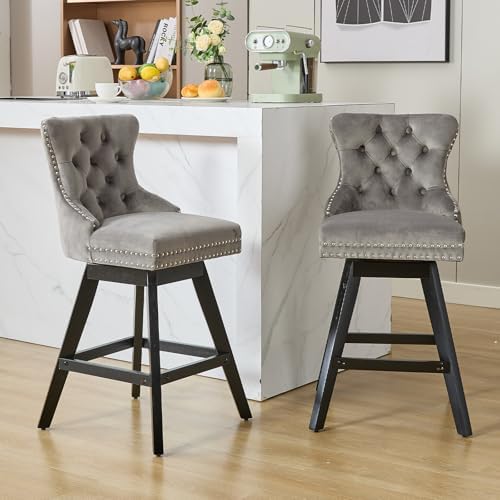 Grey Velvet Bar Stools Set of 2, 26" Swivel Counter Height Chairs