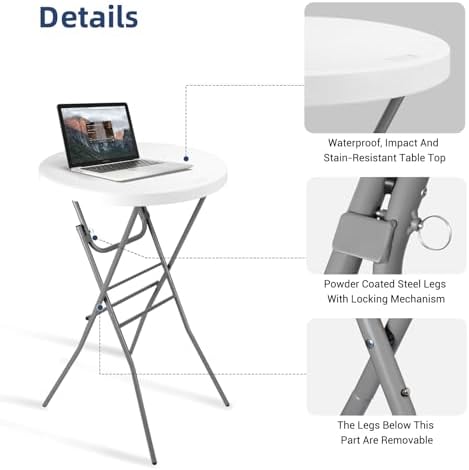 Byliable 28in Folding Cocktail Table, Round Bar Height High Top, White 2PK