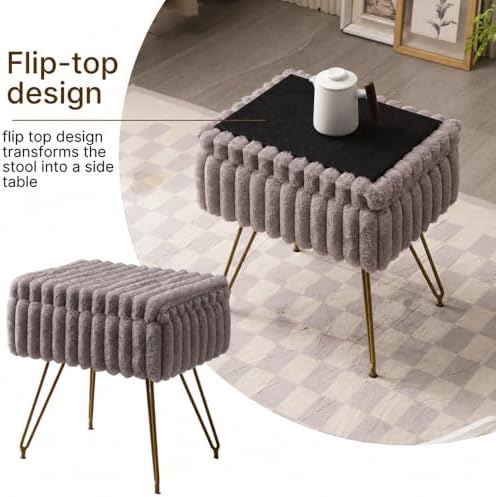 Faux Fur Storage Ottoman, Modern Soft Footstool, Storage Bench with Metal Leg...