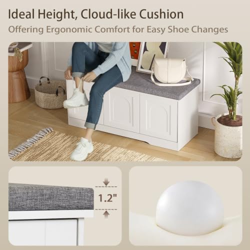 DINZI LVJ Shoe Storage Bench with Cushion, Door, White 39.4" LX17.7 H