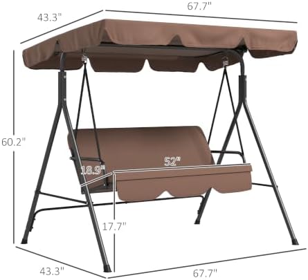 Outsunny 3-Person Porch Swing w/Stand Adjustable Tilt Canopy, Brown