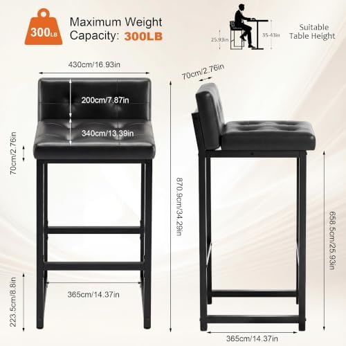 Bar Stools Set of 2, Counter Height Bar Stools Sets with Back, Faux Leather B...