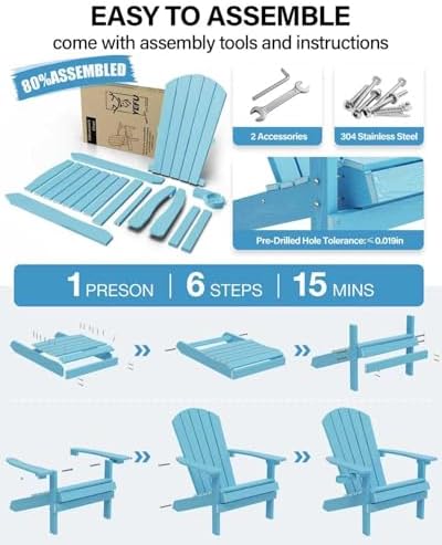 YEFU Adirondack Chair with Cup Holder, All-Weather Outdoor Chair, Blue