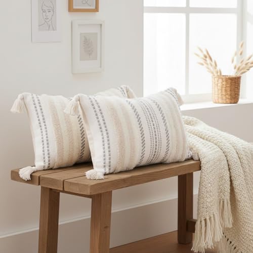 decorUhome Beige and Cream White Throw Pillow Covers 18x18 Set of 2
