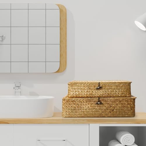 Didaey Set of 4 Seagrass Basket with Lid Wicker Storage Basket Decorative Sto...