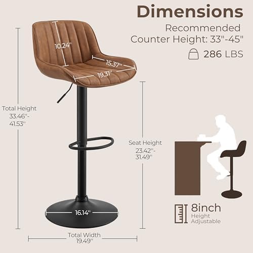 Volans Bar Stools Set of 2, Mid Century Modern Faux Leather Swivel Adjustable...