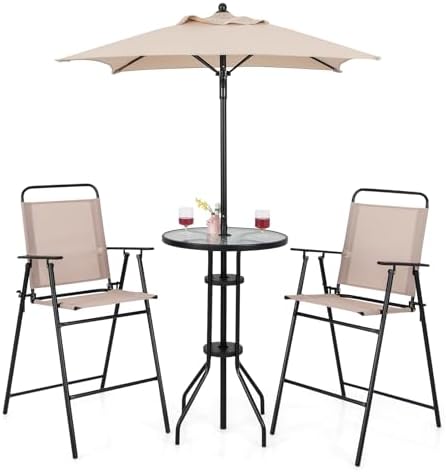 GIANTEX 4-Piece Outdoor Bar Set, Round High Top Bar Table with 2 Folding Counter Height Chairs & Umbrella, Patio Bistro Table Set with Tempered Glass Top for Garden Porch Poolside, Beige