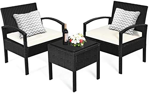 Tangkula 3 Piece Patio Conversation Set, Outdoor Rattan Sofa Set with White S...