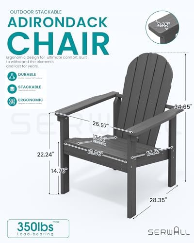 SERWALL HDPE Stackable Adirondack Chairs Set of 4,Space-Saving, Grey