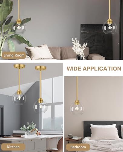 Gold Pendant Light Fixtures 2 Pack, Globe Pendant Lights with Clear Glass Sha...