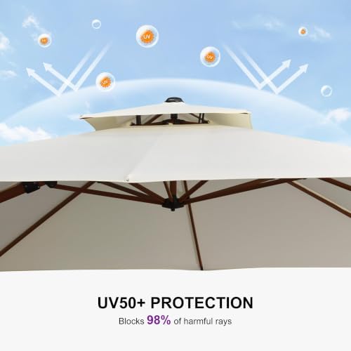PURPLE LEAF Cantilever Umbrella 10ft Double Top Wood-Grain Finish, Cream