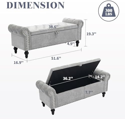 51" Storage Bench for Bedroom, Upholstered Ottoman Bench Chenille LightGray