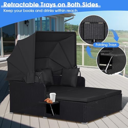 RELAX4LIFE Patio Outdoor Daybed with Canopy, Wicker Sunbed w/Cushions, 4 Pill...