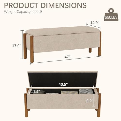 Modern Storage Benches with Walnut Wood Legs, 47'' Ottoman Bench with...