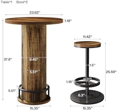 Tribesigns Round Bar Table with Chairs, Industrial Bistro Sets with 2 barstoo...