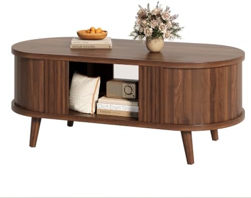 47.2" Oval Fluted Coffee Table with Storage, Fluted Mid-Century, Walnut
