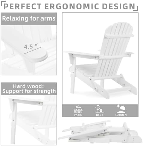 Outdoor Folding Adirondack Chair Set of 2,Wooden Patio Chairs,White