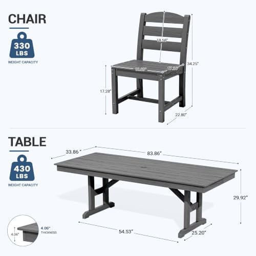 KINGYES Outdoor Dining Set,84'' Table w/Umbrella Hole & Armless C...