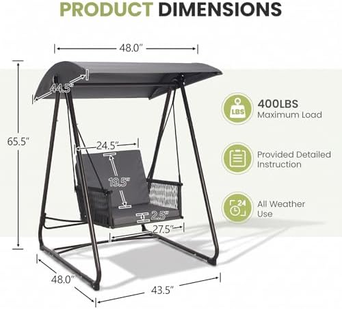 Porch Swing with Stand, Outdoor Swing with Canopy, All Weather Outdoor Swings...