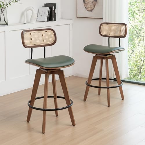 26" Rattan Bar Stools Set of 2,Faux Leather Counter Height Swivel Barsto...