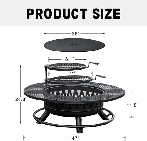 47 Inch Outdoor Fire Pit with 2 Grills, Wood Burning Large Fireplace Table