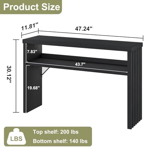 BON AUGURE Black Console Table, 47In Entryway Table with Fluted Open Shelf