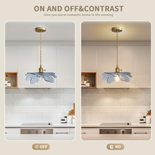 Vintage Glass Pendant Light Gold Brushed Brass Hanging Light with Blue Flower...