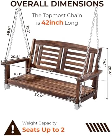 Outvita 44" Fir Wood Porch Swing with Reclined Backrest & Hanging Ch...