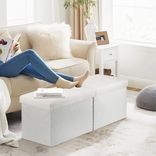 Storage Ottoman Bench, 34" Teddy Velvet Folding Foot Rest, White