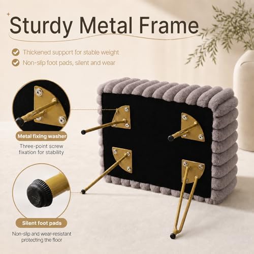 Faux Fur Storage Ottoman, Modern Soft Footstool, Storage Bench with Metal Leg...