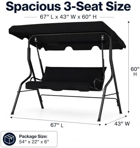 Garvee 3 Seat Outdoor Porch Swing with Adjustable Canopy, Patio Swing Chair w...