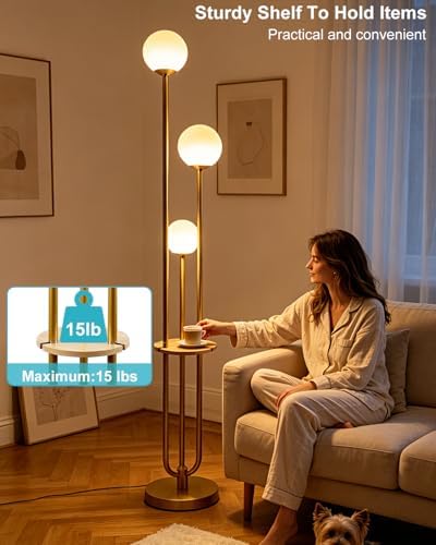 Lightdot Gold Globe Floor Lamp 3-Lights Dimmable Floor Lamps with Tray& B...