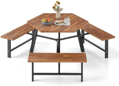GIANTEX Picnic Table Bench Set for 6, Acacia Wood Outdoor Dining Table Set wi...