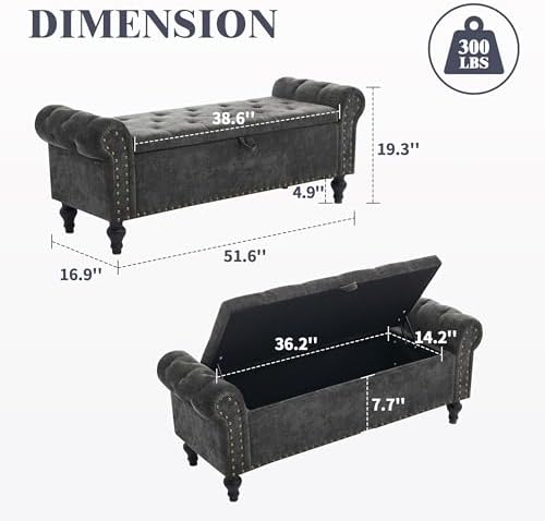 51" Storage Bench for Bedroom, Upholstered Ottoman Bench, Chenille DarkGray