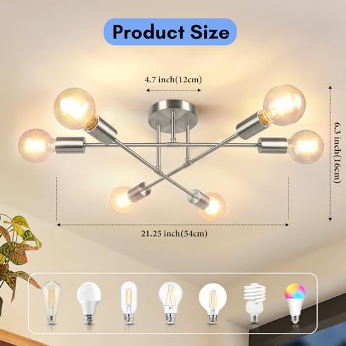 Modern Sputnik Chandelier, 6-Light Ceiling Light Fixture, Brushed Nickel