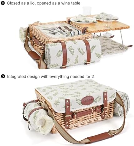 Multifunctional Wicker Picnic Basket Set for 2 with Blanket and Picnic Table,...