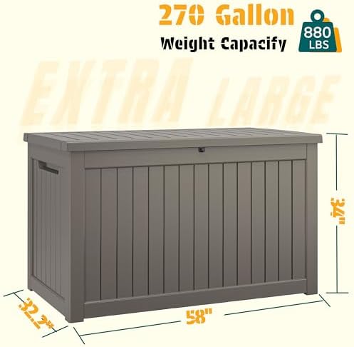 270 Gal Deck Box,Outdoor Storage Box Waterproof Lockable,Gas Lift,Grey