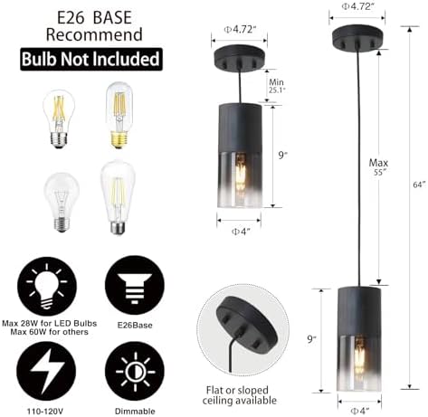 2-Pack Black Pendant Light Fixtures, Adjustable Modern Pendant Lights for Kit...