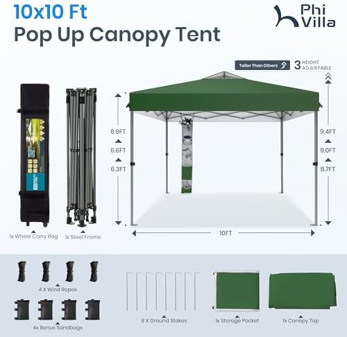 PHI VILLA 10x10 Pop up Canopy Tent, One Push Easy Set Instant Shade Tents