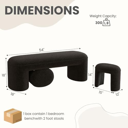 53" Sherpa Nesting Ottoman Bench Set, Black