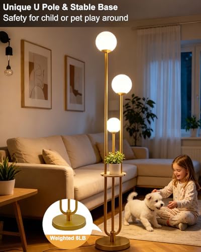 Lightdot Gold Globe Floor Lamp 3-Lights Dimmable Floor Lamps with Tray& B...
