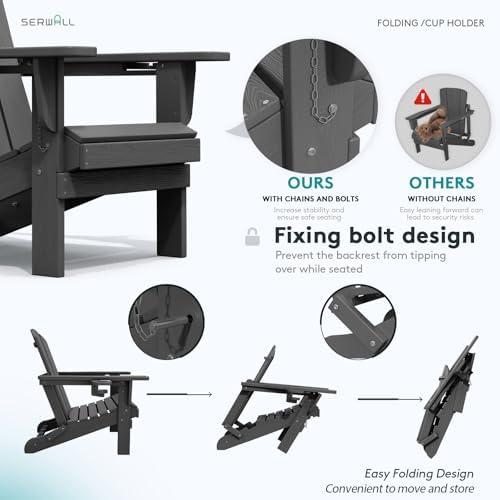 SERWALL Outdoor Adirondack Chair Set of 4 with 2 Cup Holders,Foldable,Grey