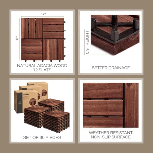 THYOI Acacia Wood Interlocking Deck Tiles (12" x 12"), Deck Floorin...