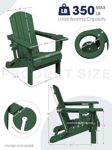 KINGYES Folding Adirondack Chair Set of 2 with 2 Cup Holders, Green