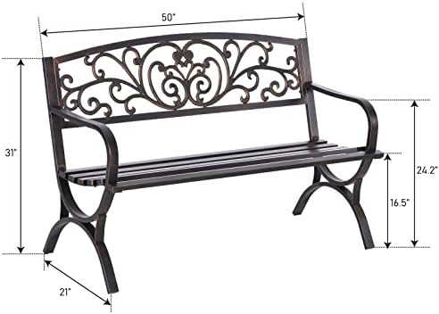 MFSTUDIO 50 Inches Outdoor Garden Bench Cast Iron Metal Frame Floral Bronze