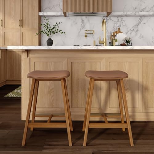 Plank+Beam Beryl Bar Stool, Upholstered, Set of 2, Pecan/Toffee
