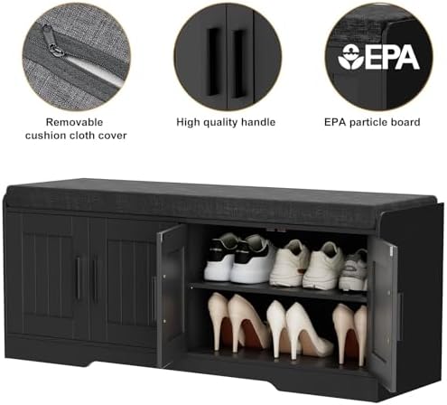 Homleke Shoe Storage Bench, 4 Doors & Thickened Padded Seat Cushion