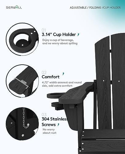 SERWALL Folding Adjustable Adirondack Chairs Set of 2, Cup Holders, Black
