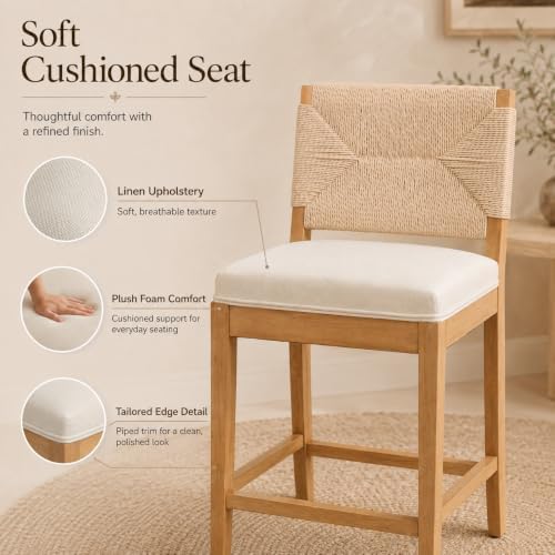 Boho Bar Stools Set of 6, Natural Wood Counter Height Stools, Beige Upholster...